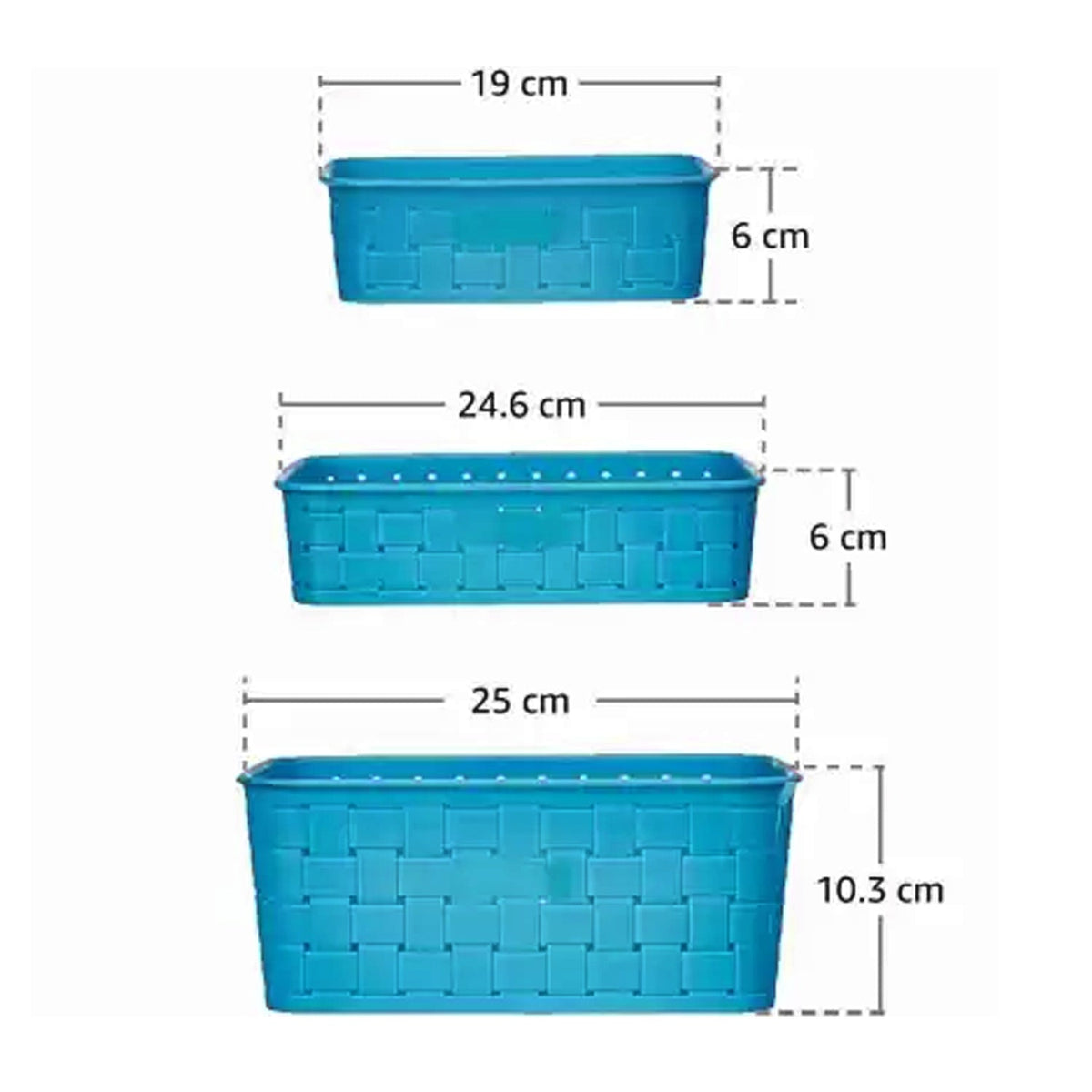 Three sky blue plastic storage baskets displayed with their dimensions in centimeters.