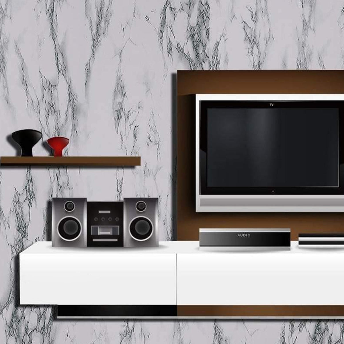 A living room wall covered in white and grey marble pattern self-adhesive wallpaper behind a TV and stereo.