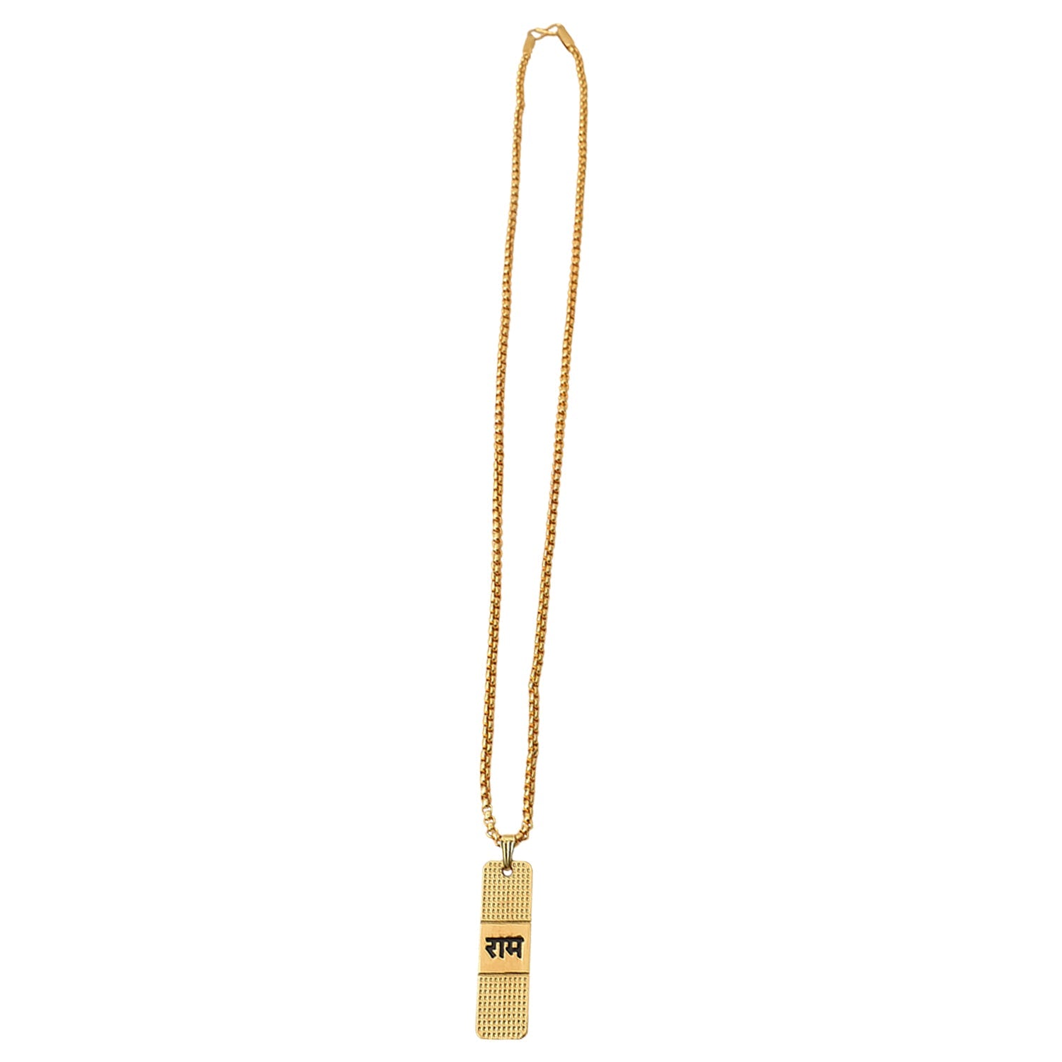 Detailed view of the Shri Ram engraved pendant on a delicate gold-plated chain.