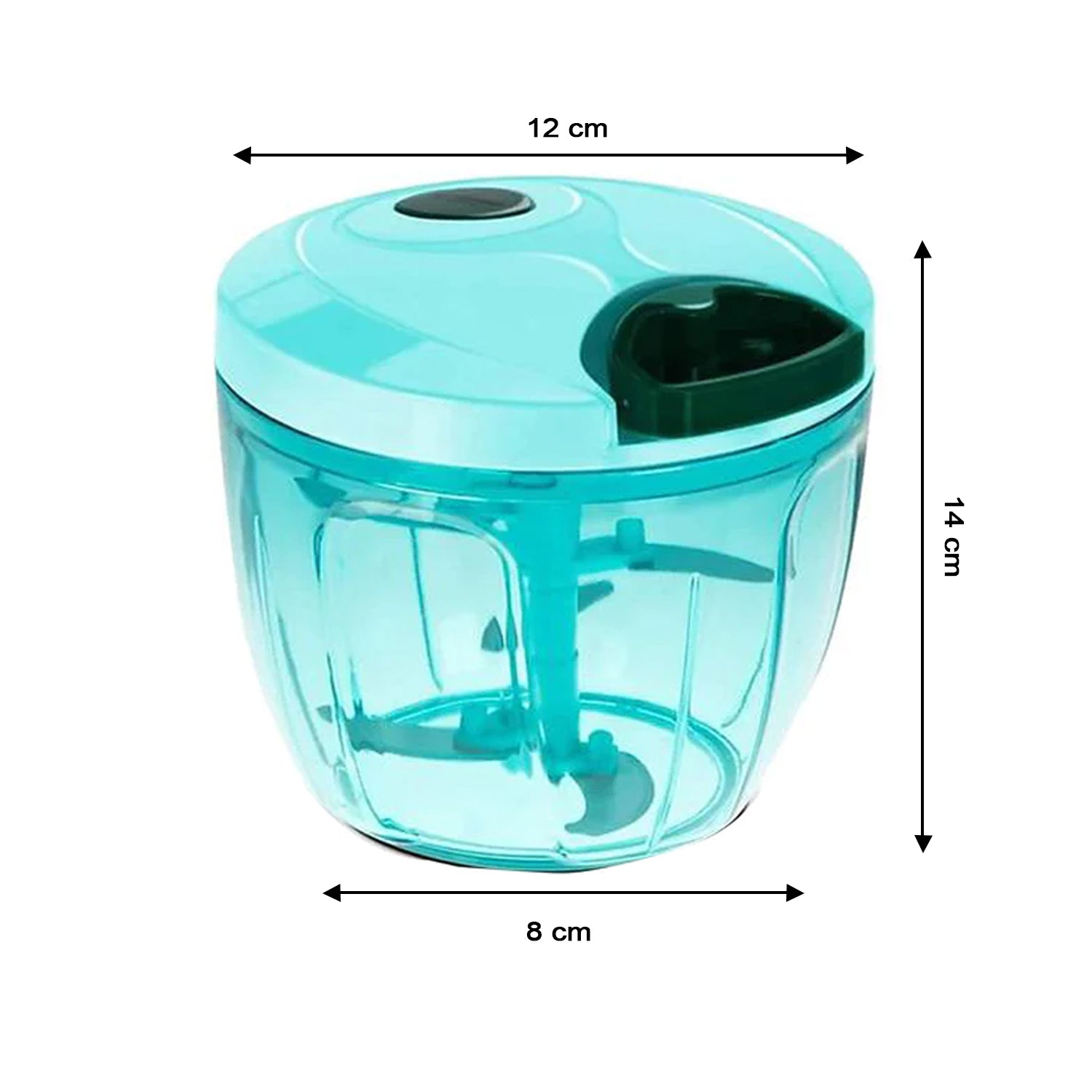 A teal manual food chopper with clear container and dark teal lid, displaying its dimensions of 12x14x8 cm.
