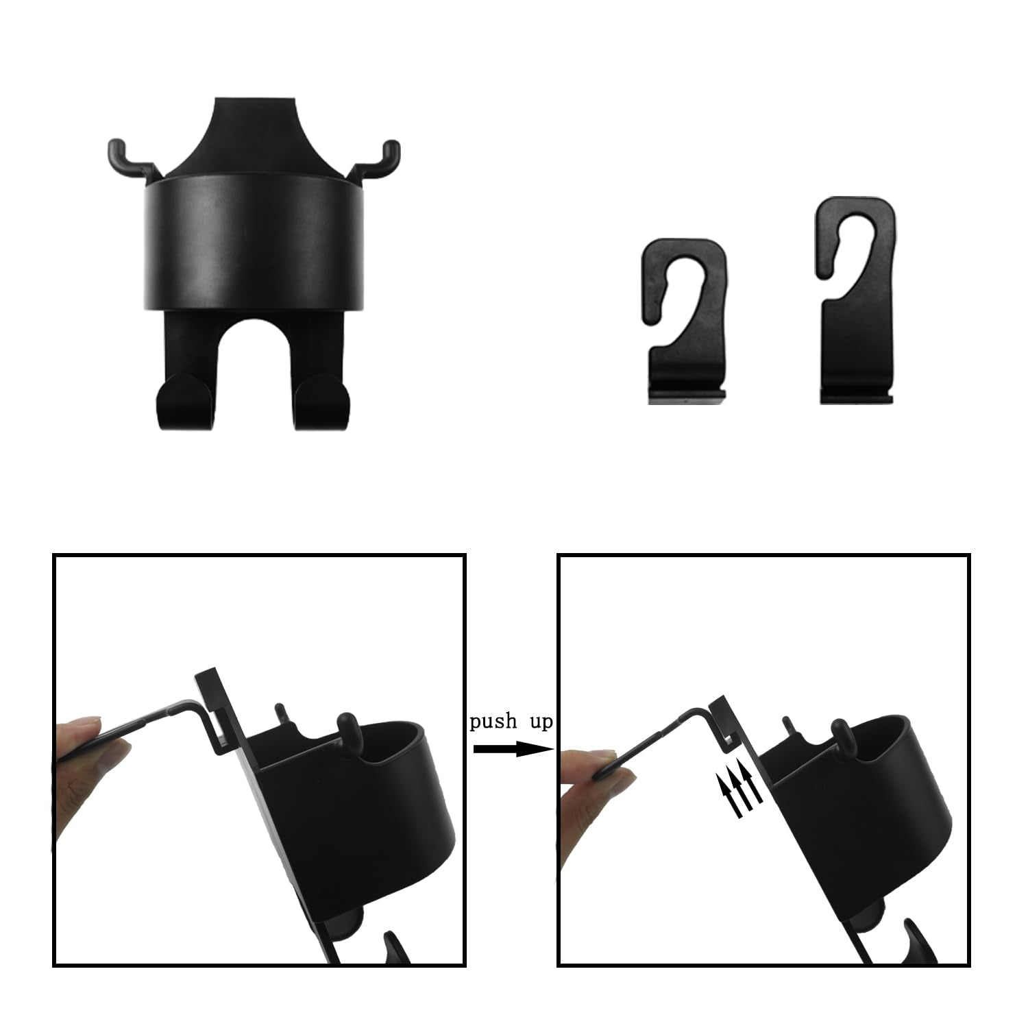Multi-use car organizer displaying cupholder and hooks for car accessory storage