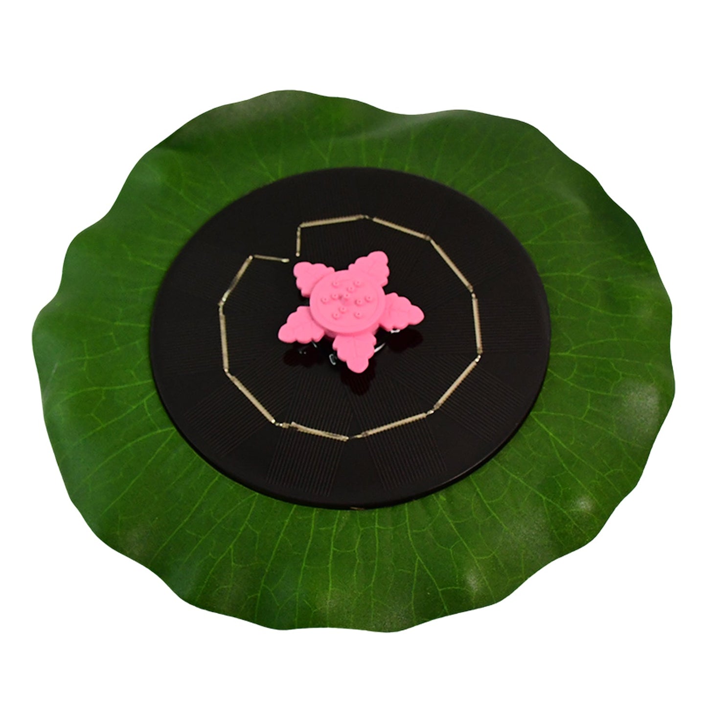 Solar garden fountain pump floating on water with green base and solar panel
