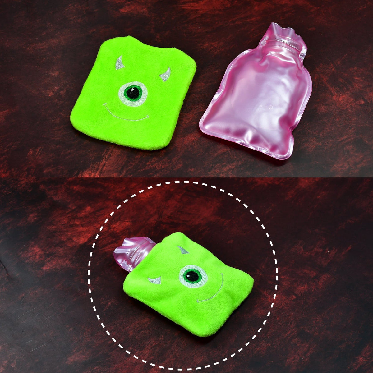 Two green monster hot water bags, one with its pink insert removed, are displayed on a dark surface.