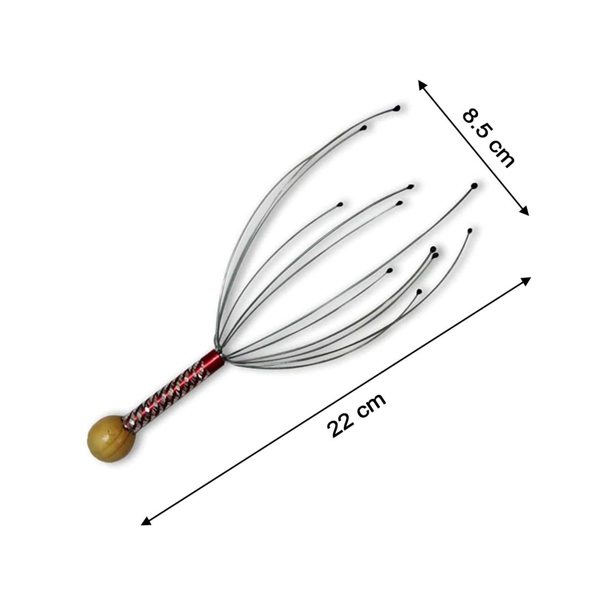 A metal scalp massager with a red and white handle is shown with dimensions of 22 cm long and 8.5 cm wide.
