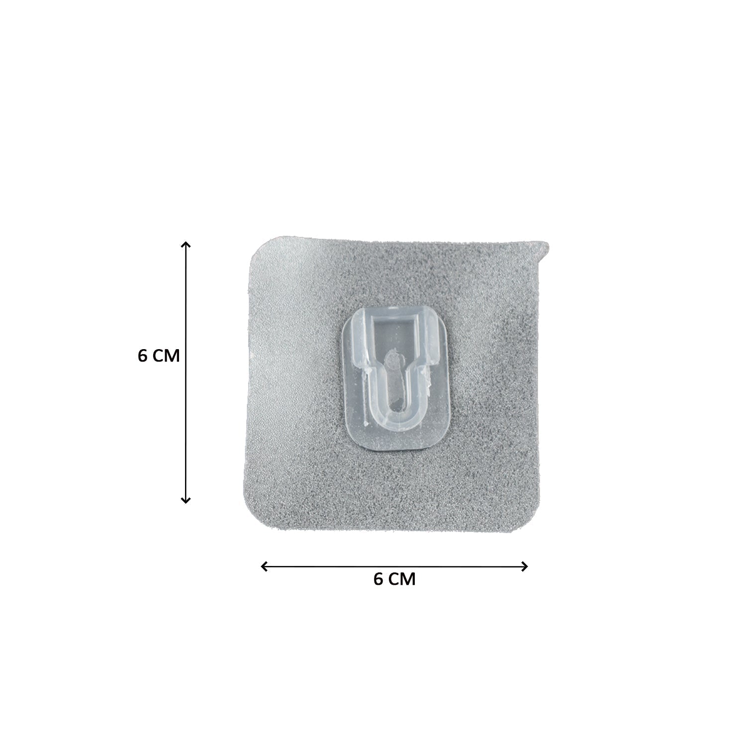 A clear adhesive hook with a gray textured backing, showing dimensions of 6 cm by 6 cm.