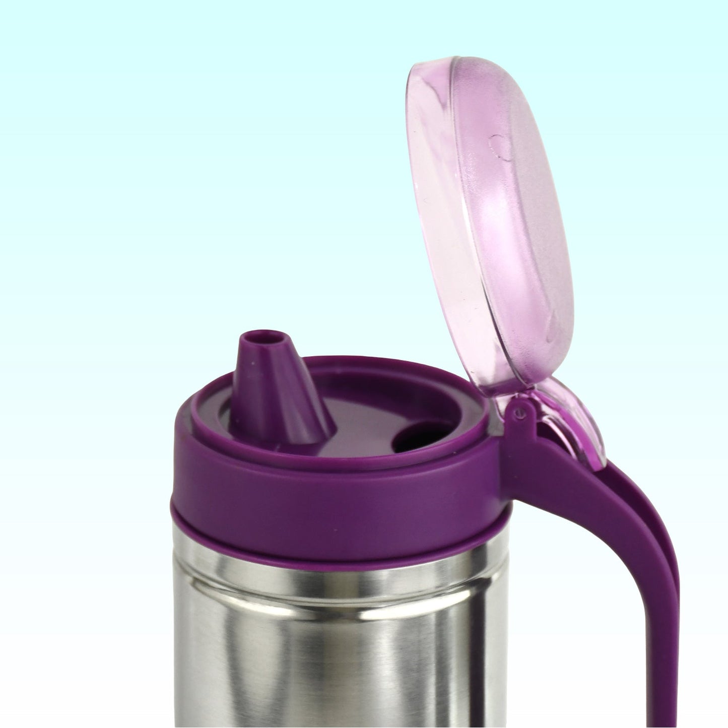 Close-up of anti-drip spout and ergonomic handle on stainless steel pourer
