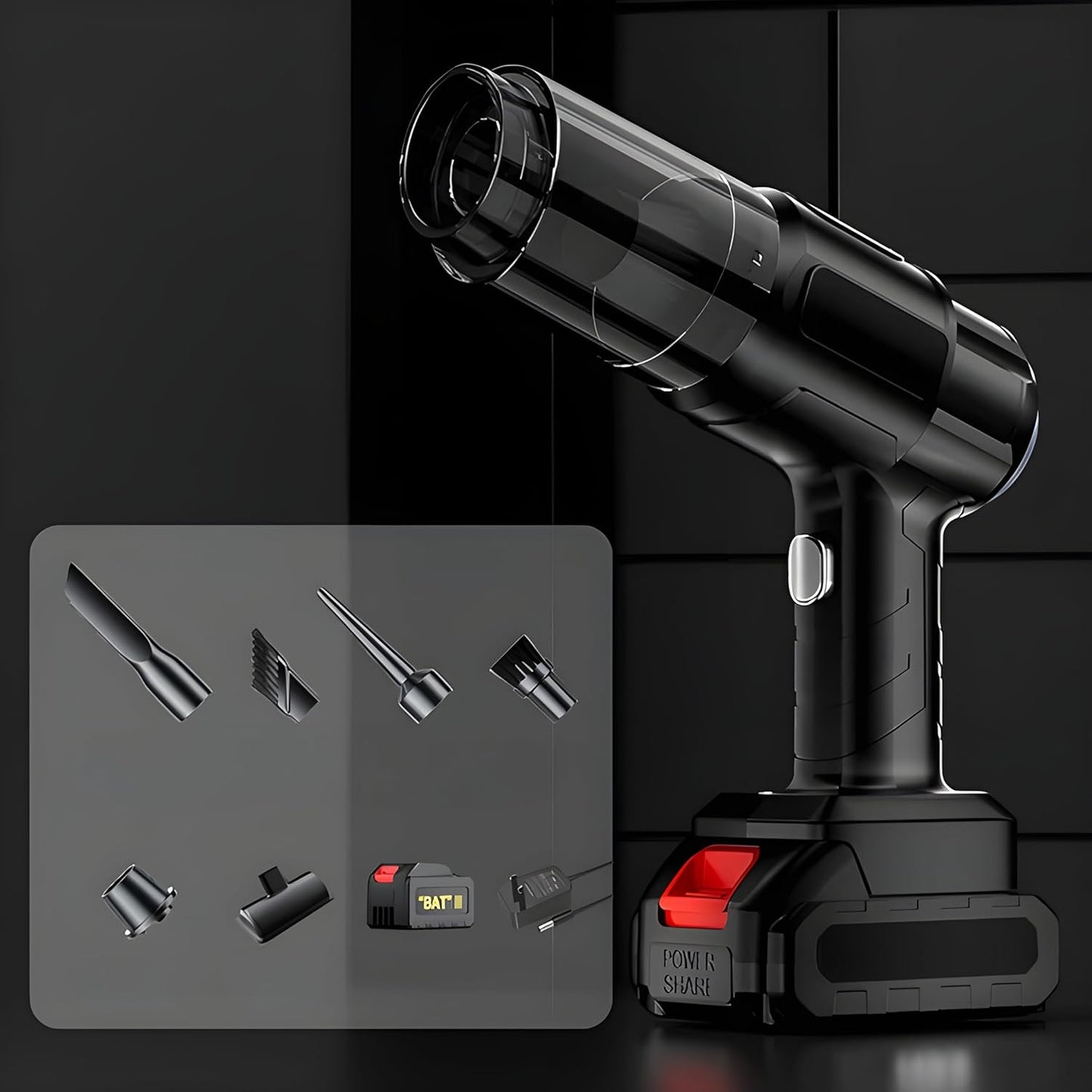 Black handheld vacuum cleaner with a clear dustbin, displayed with six different nozzle attachments and a battery pack on a