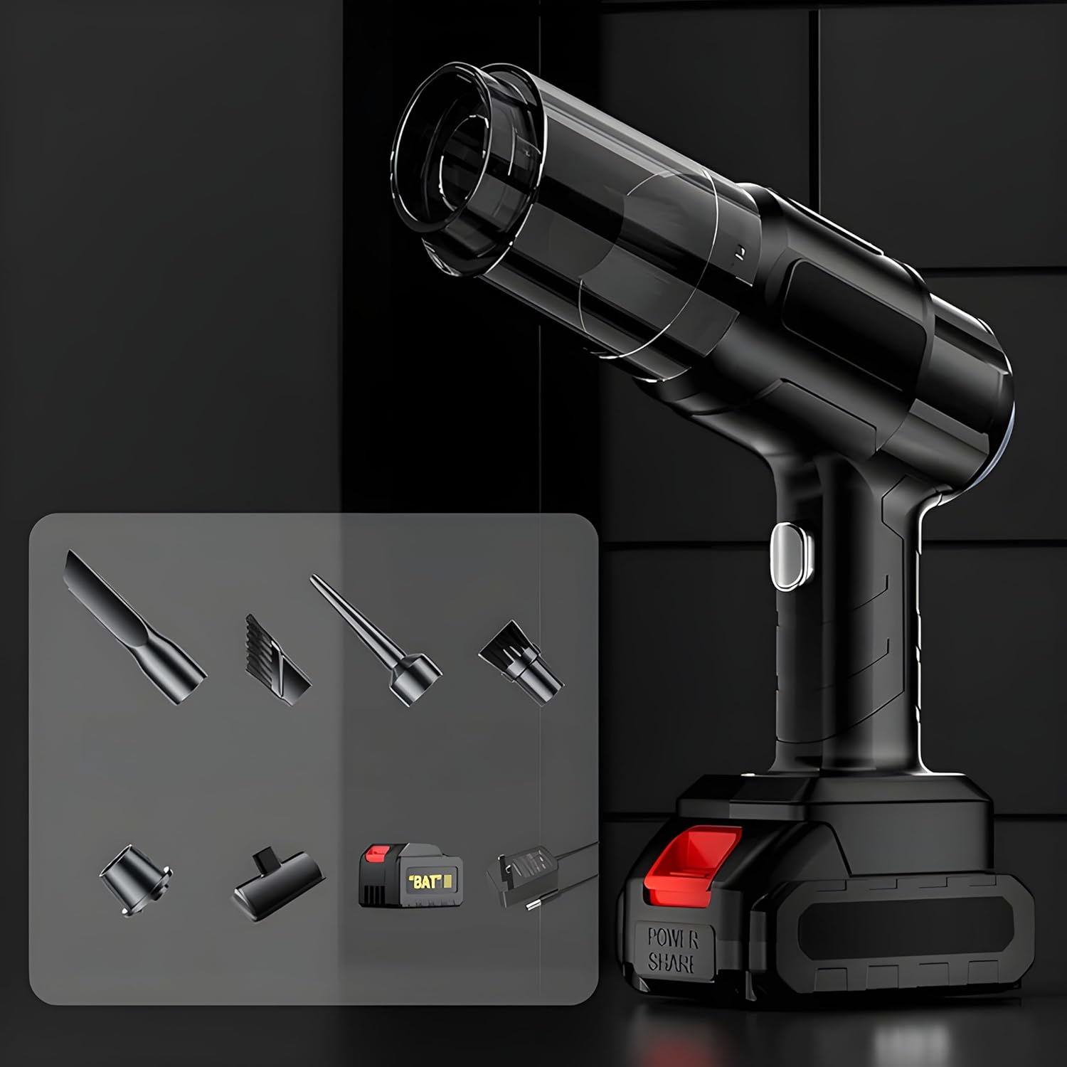 Black handheld vacuum cleaner with a clear dustbin, displayed with six different nozzle attachments and a battery pack on a