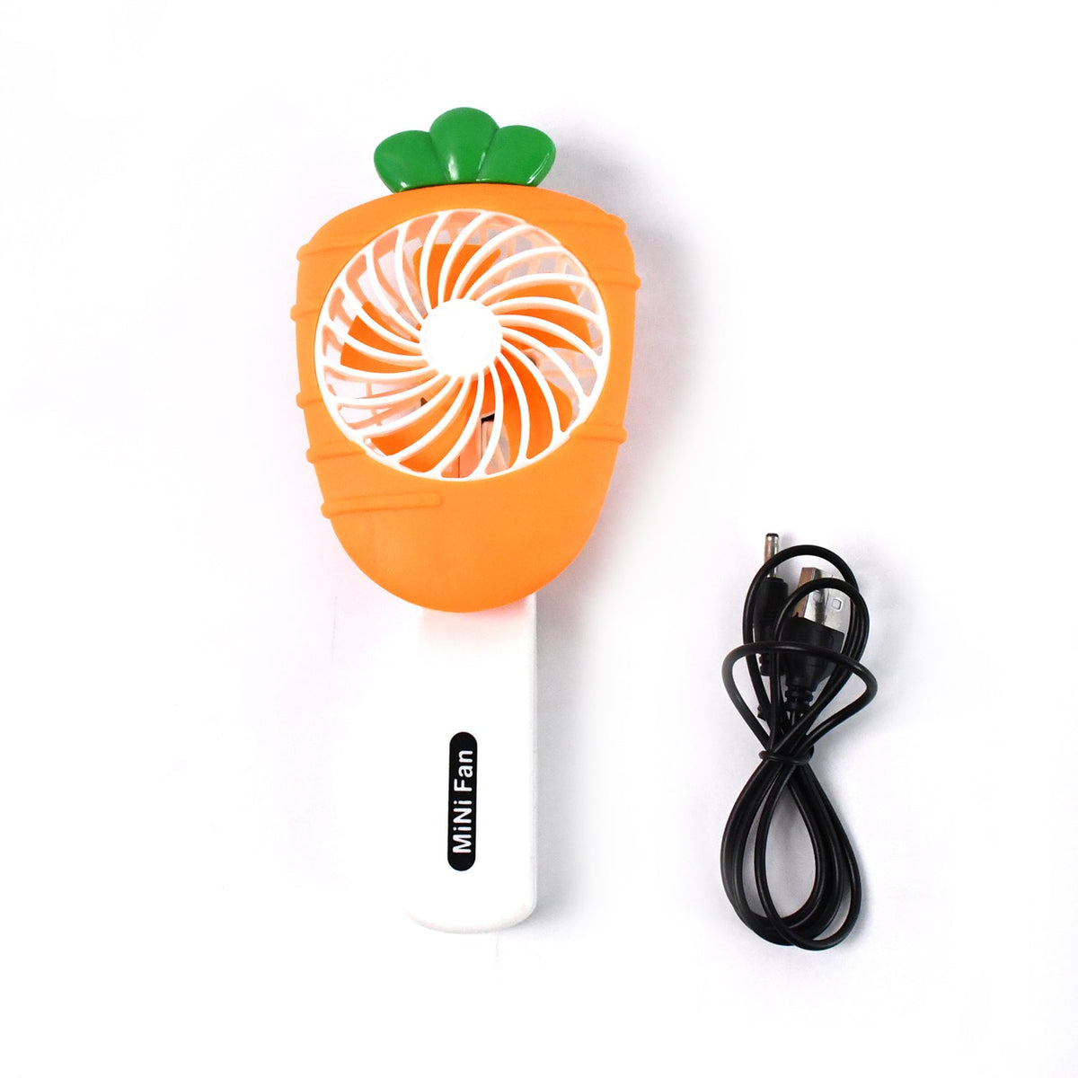 An orange carrot-shaped handheld mini fan with a white handle and a coiled black USB charging cable on a white background.
