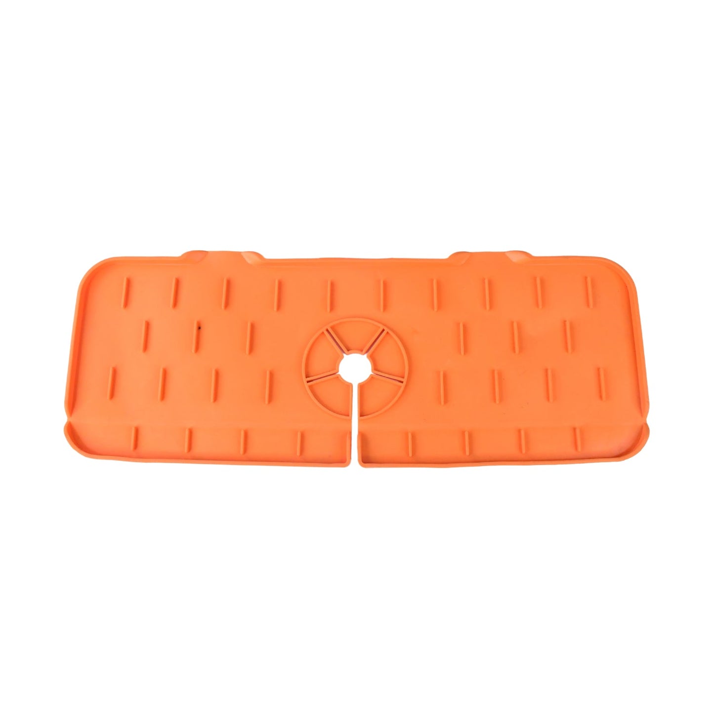 Top-down view of a single orange silicone faucet splash guard with a central cut-out.