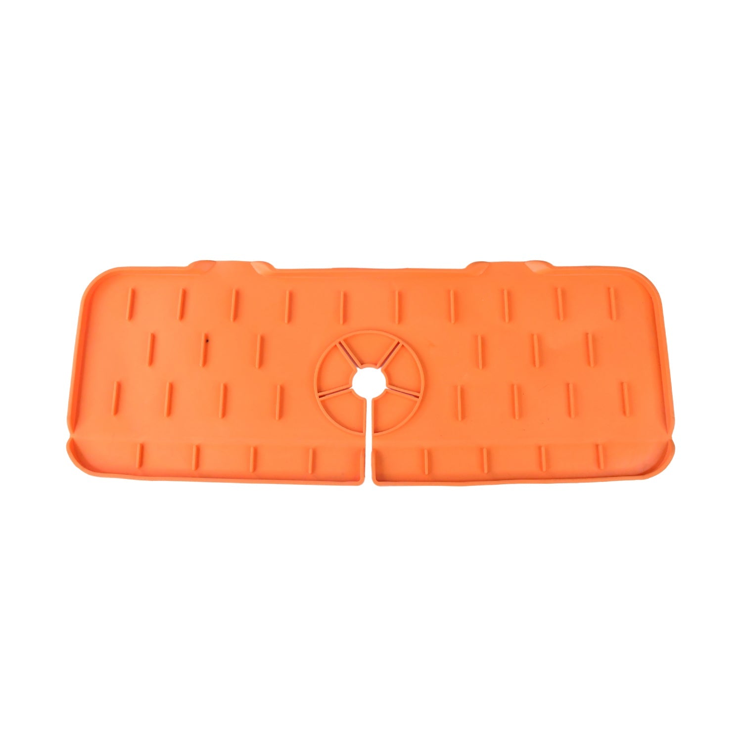 Top-down view of a single orange silicone faucet splash guard with a central cut-out.