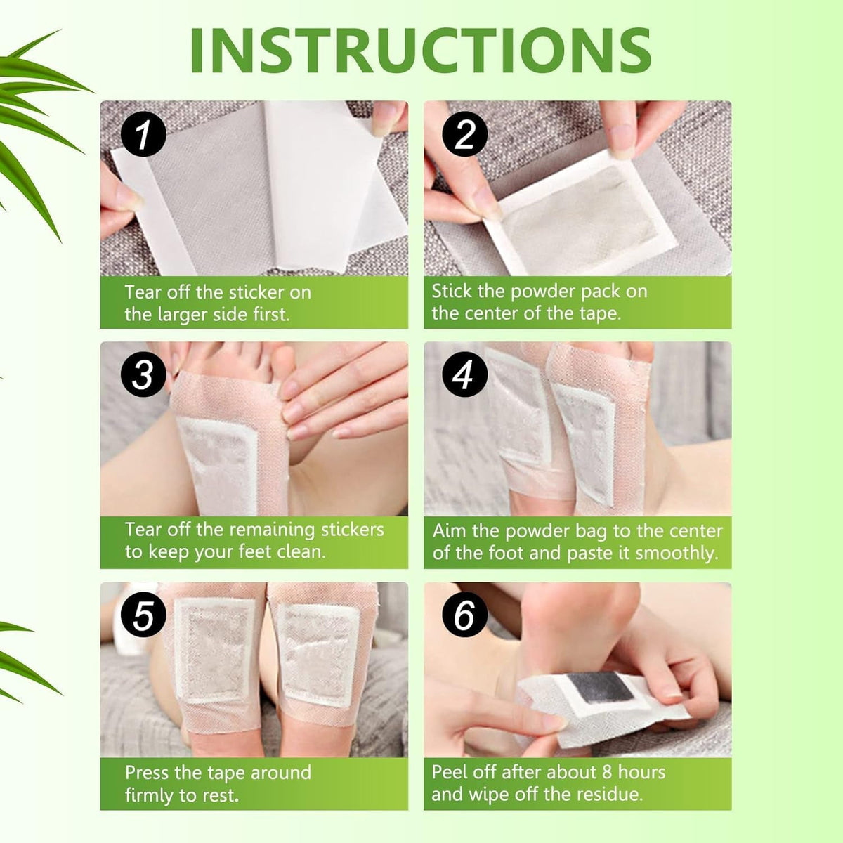 A six-step instruction guide showing how to apply and remove the foot detox pads.