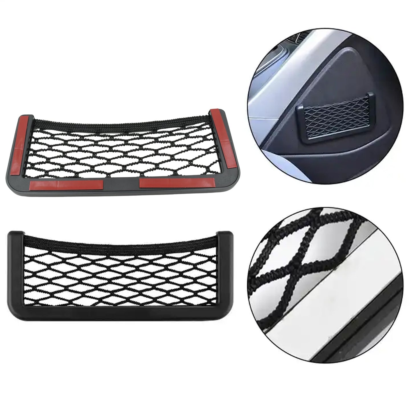 Two black mesh car organizers, one with red adhesive, with in-car and detail views in insets.