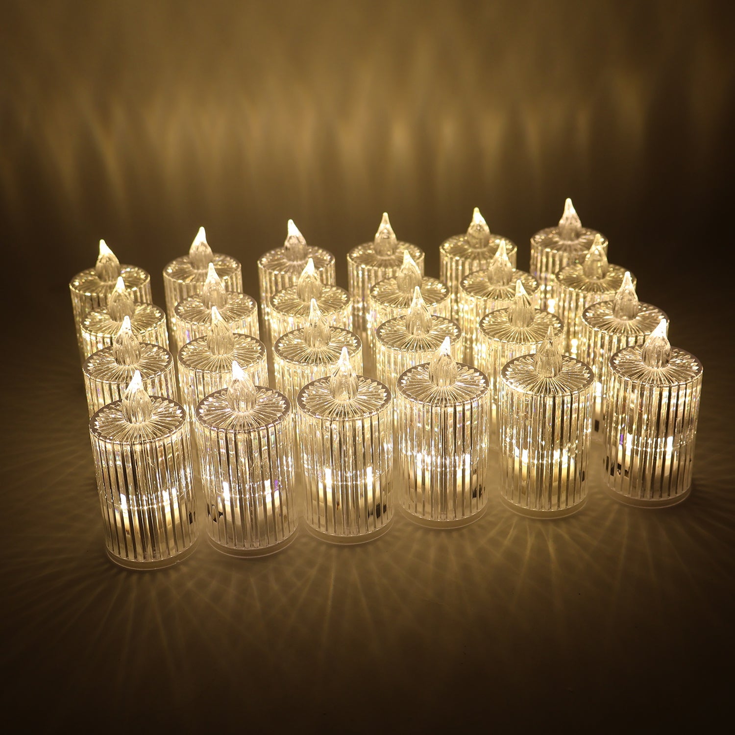 Packaging of 24 LED flameless decorative candles with compact, battery-operated design