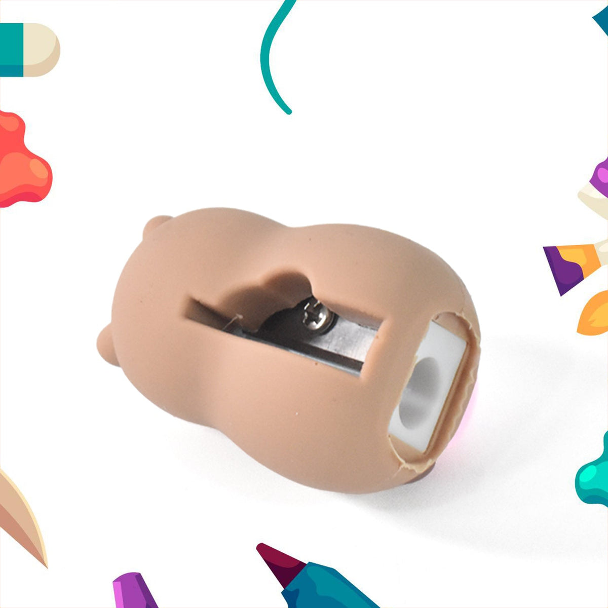 A capybara-shaped pencil sharpener, showing the sharpener opening, on a white background with colorful abstract shapes.