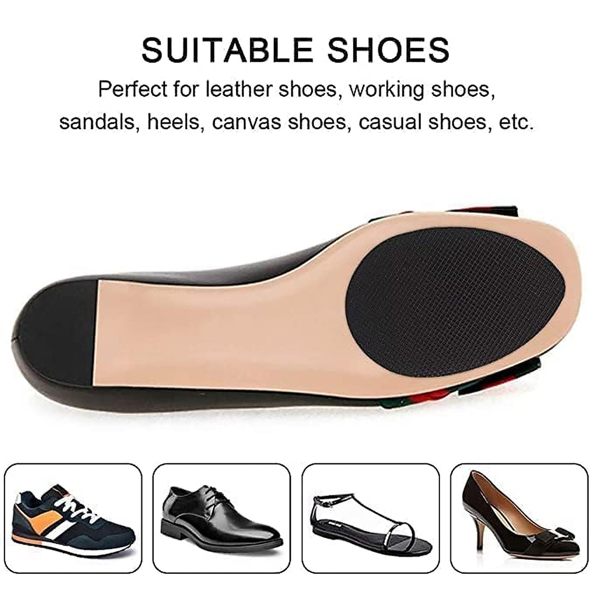A black ballet flat with a non-slip pad on its sole is shown, with four insets of different shoe types.