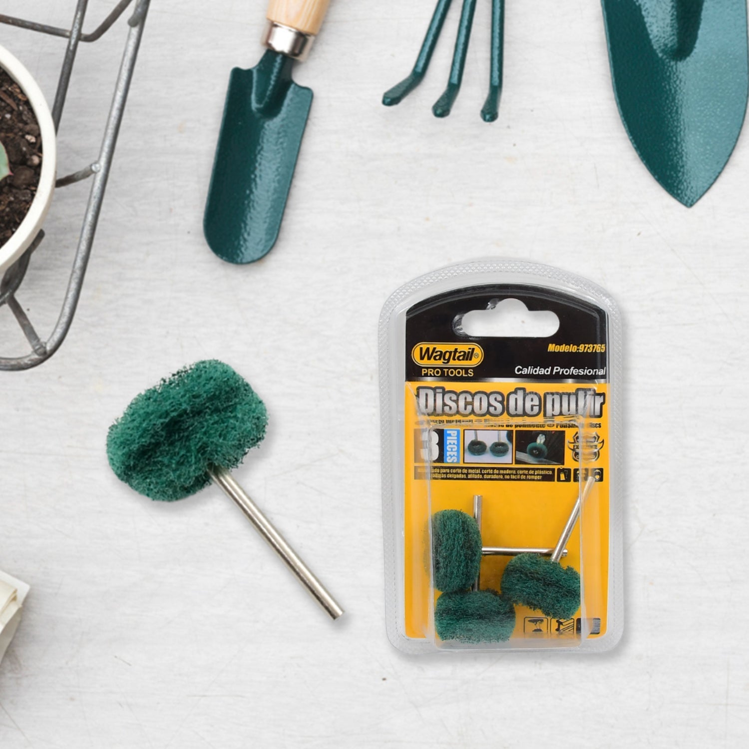 A single green polishing wheel and a blister pack of three polishing wheels on a light grey background with gardening tools.