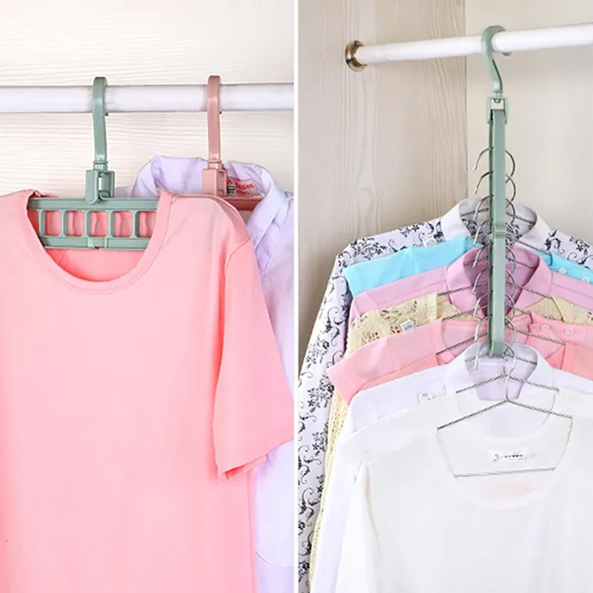 Two green plastic multi-hole hangers, one horizontal with pink shirts and one vertical with various shirts.