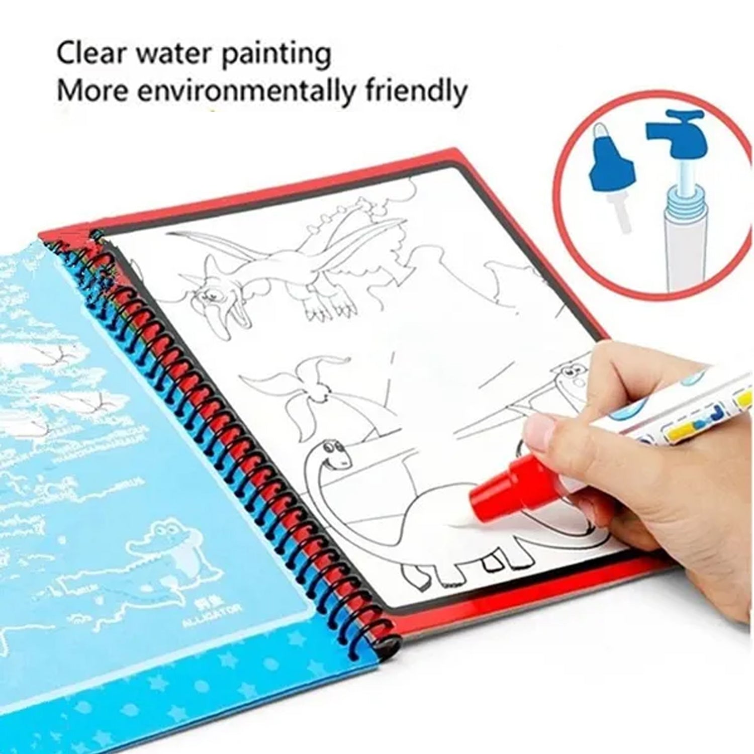 A hand holds a red water pen to an open coloring book page showing outlines of dinosaurs, with text about clear water