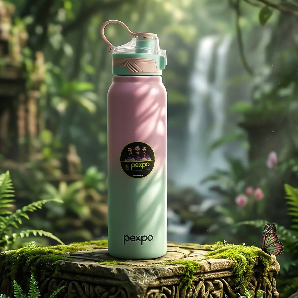 A woman in a grey tank top drinks from the pink and green gradient water bottle, holding it with both hands.
