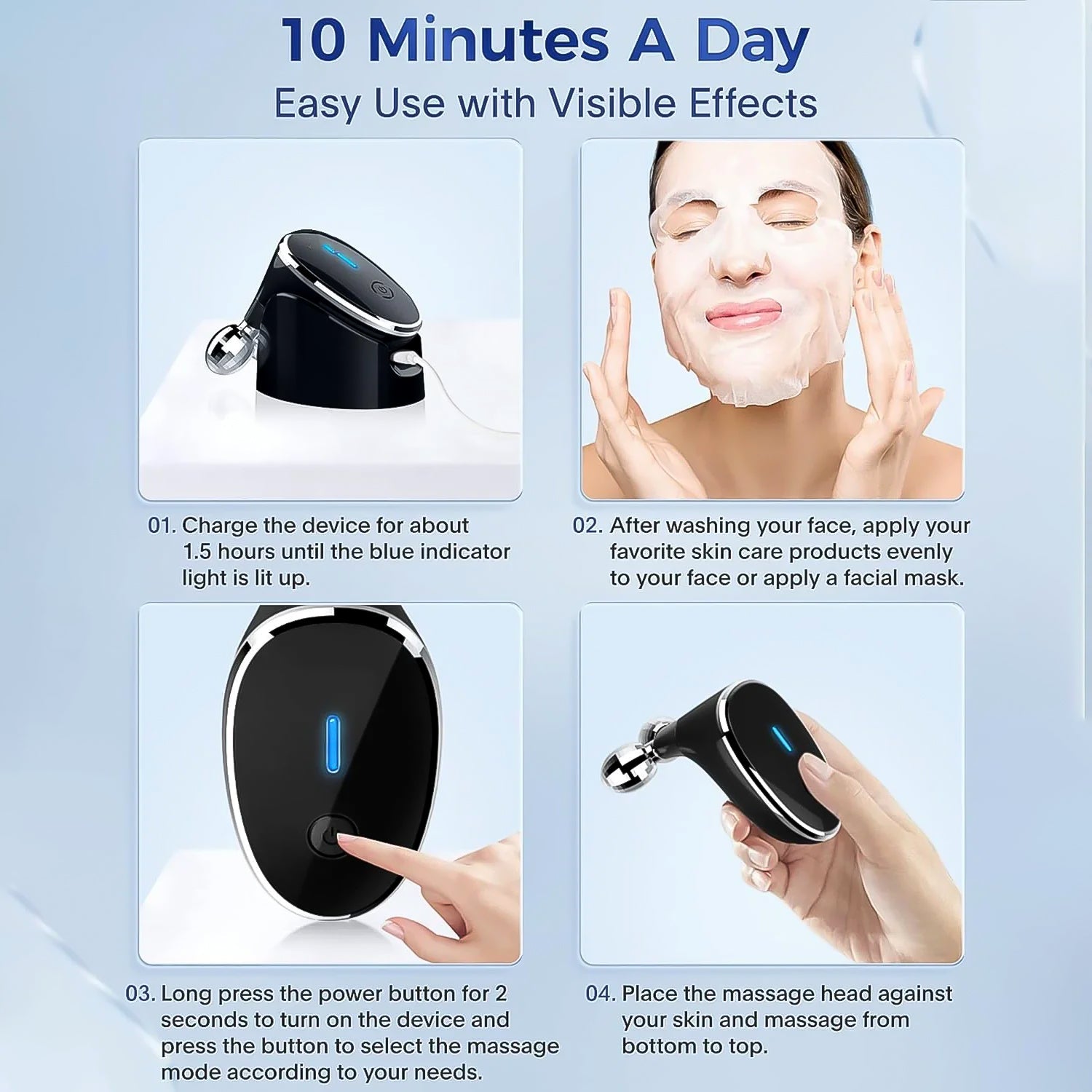Four panels show instructions: charging, applying skincare, turning on, and using the black microcurrent massager.