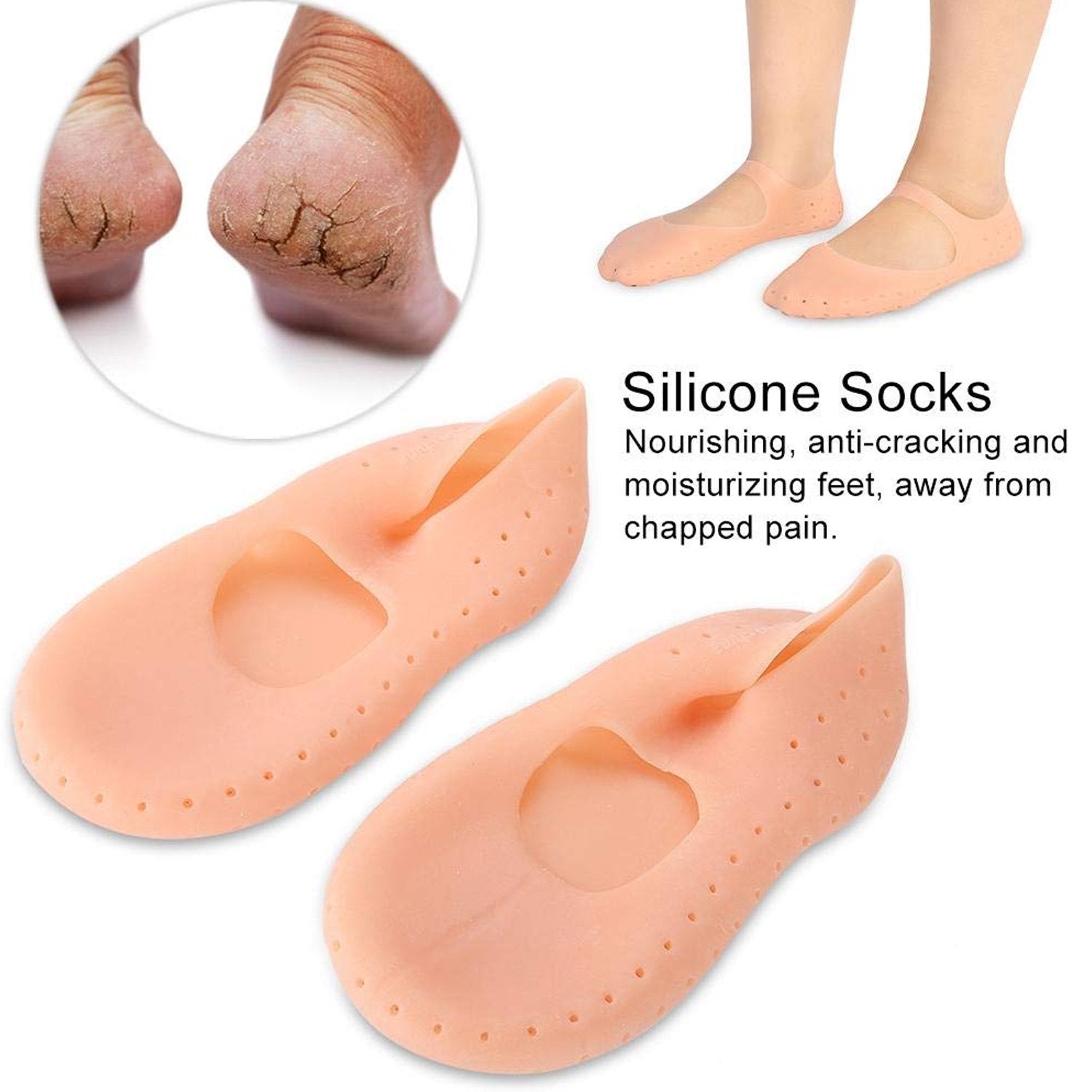 Two peach silicone heel socks with text describing them as nourishing, anti-cracking, and moisturizing.