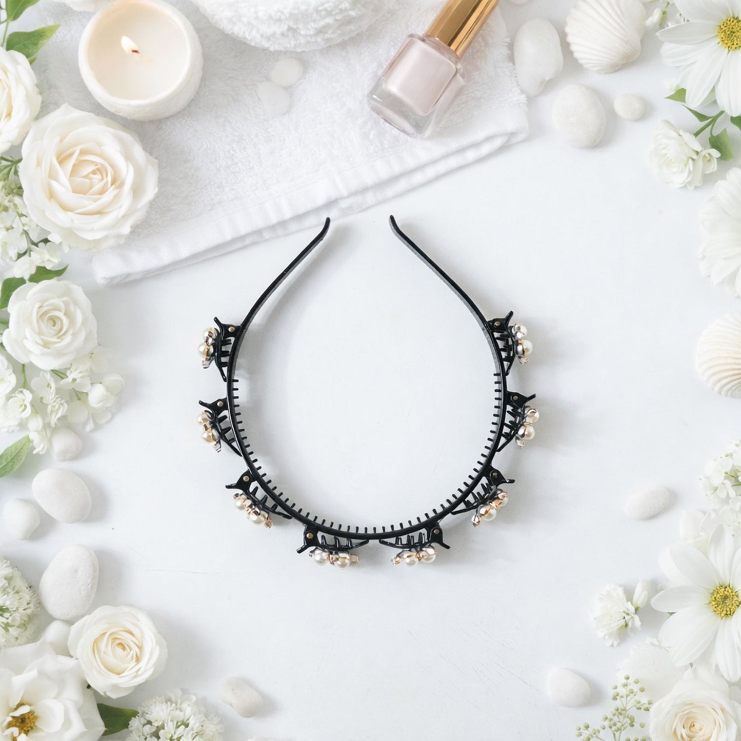 Decorative floral pearl hairband showing intricate design