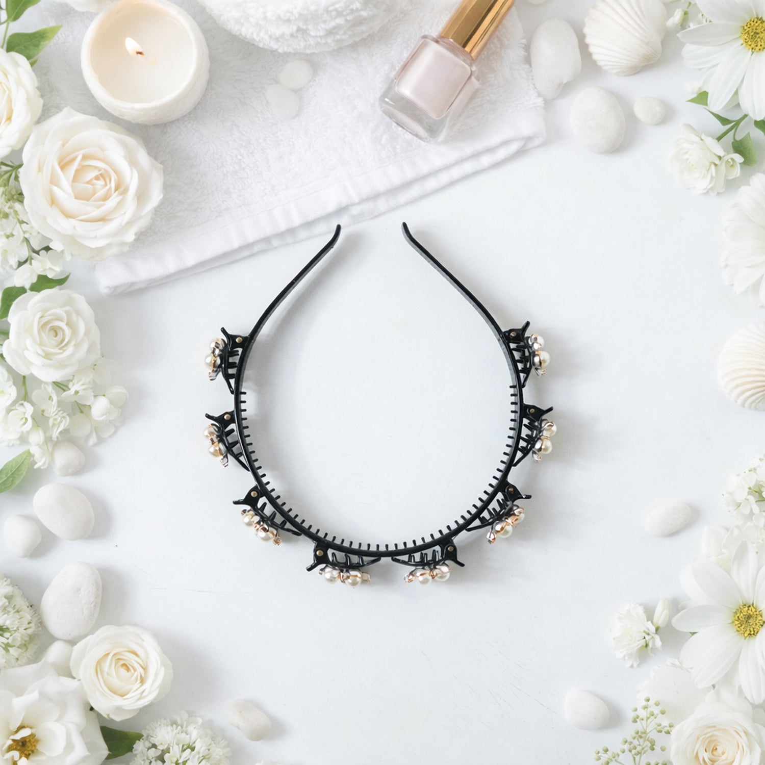 Decorative floral pearl hairband showing intricate design