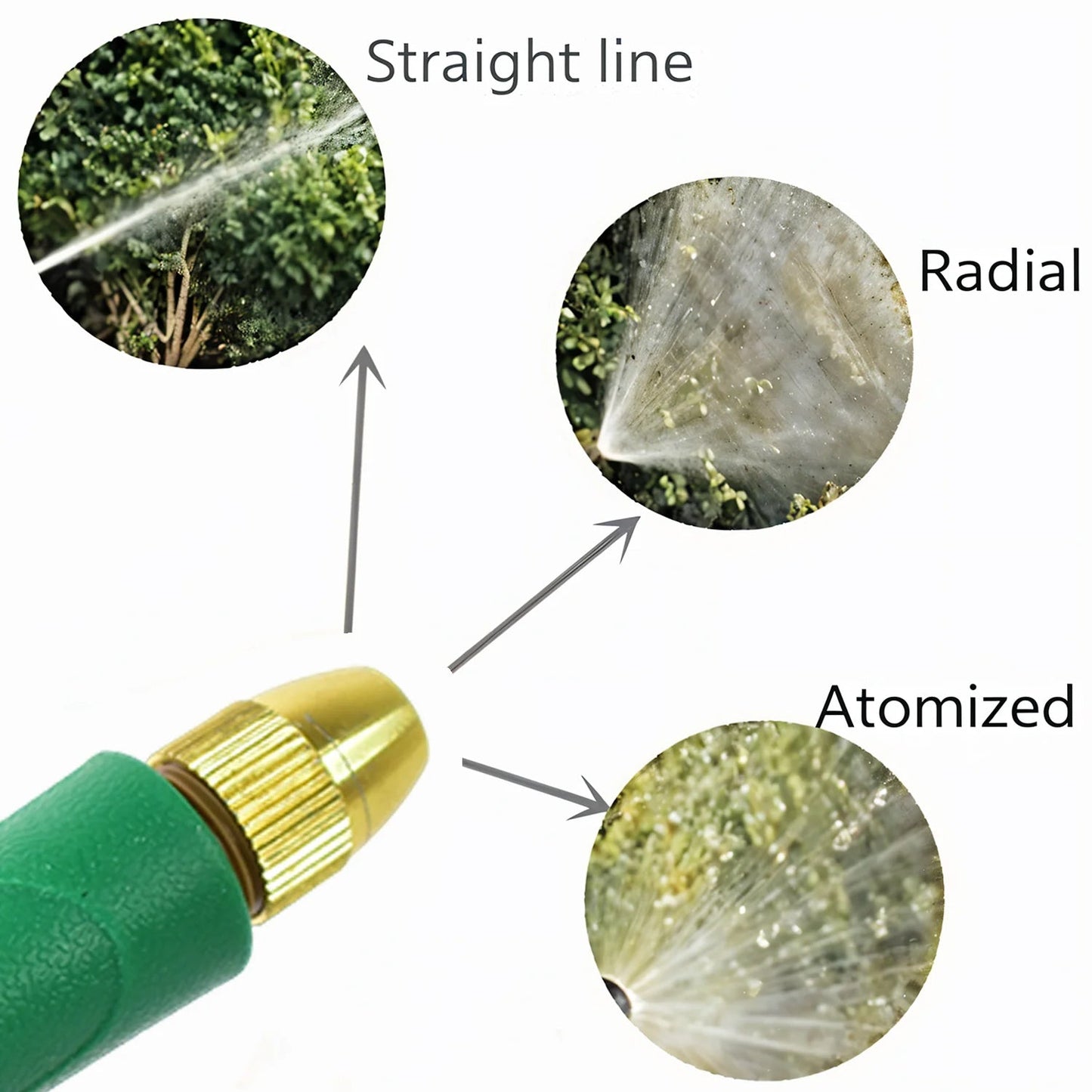 Comparison shot of the water spray gun demonstrating its various spray patterns.