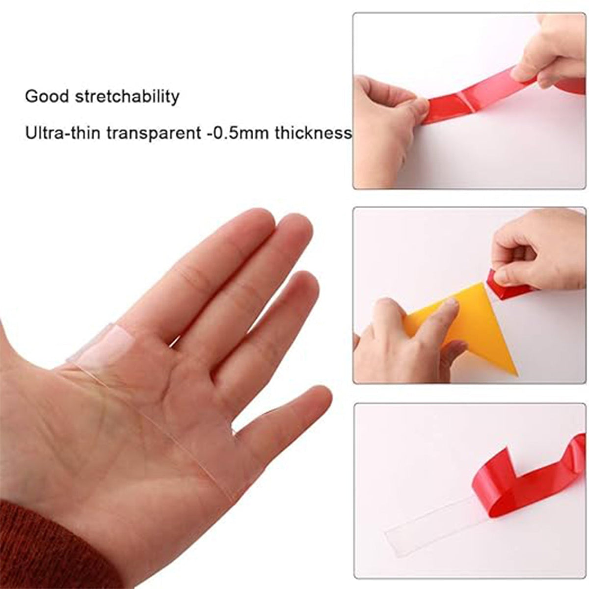 A hand stretches a piece of transparent tape, with insets showing the tape being peeled and applied to a surface.