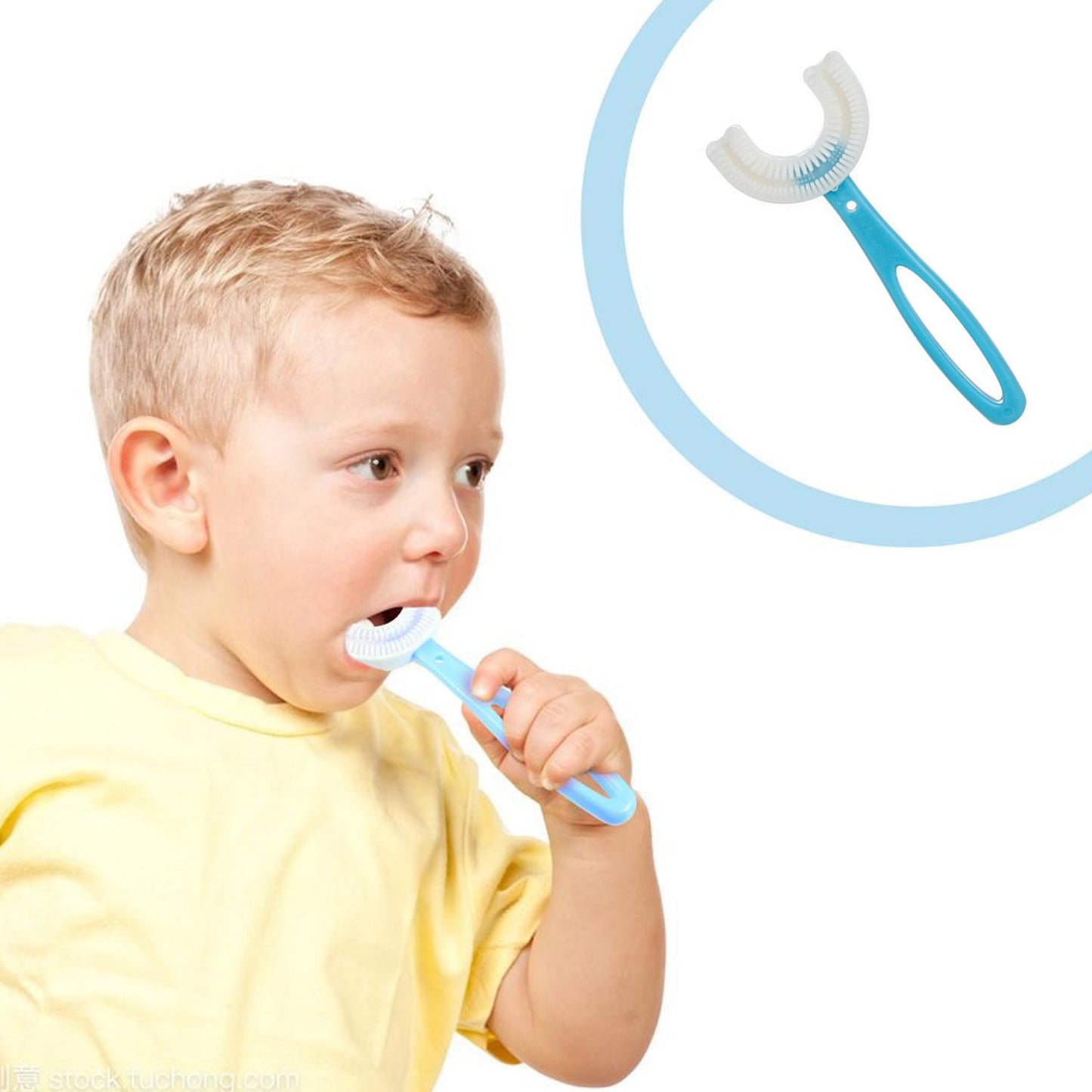 A boy in a yellow shirt brushes his teeth with a blue U-shaped toothbrush, with an inset of the toothbrush.