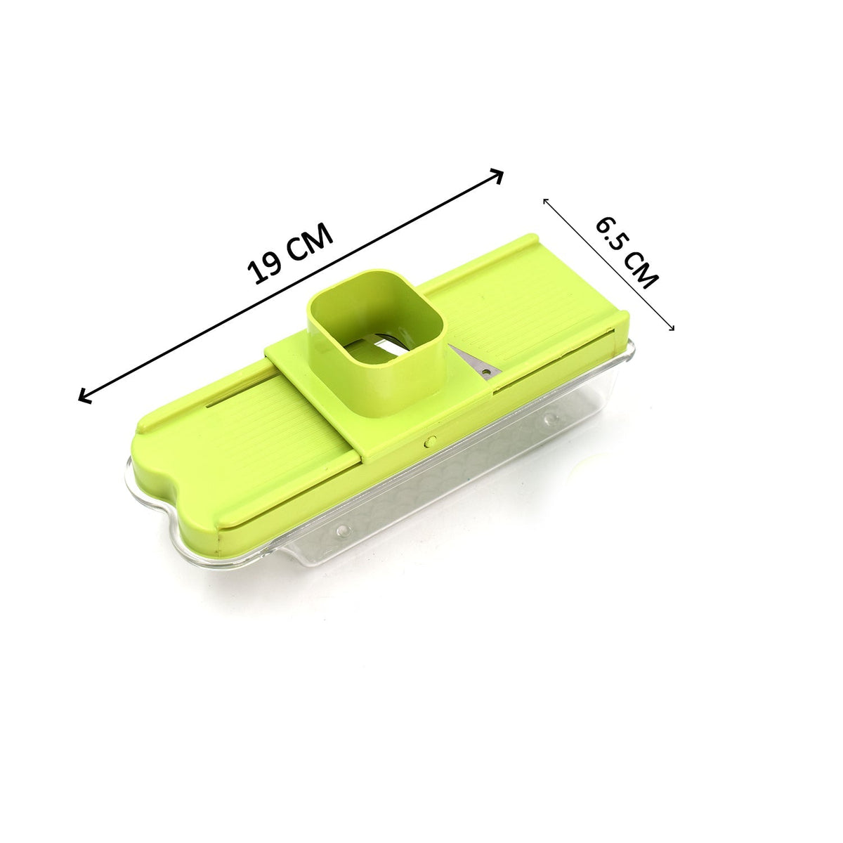 A light green plastic slicer with a clear base and a square chute, with dimensions 19 cm by 6.5 cm indicated.