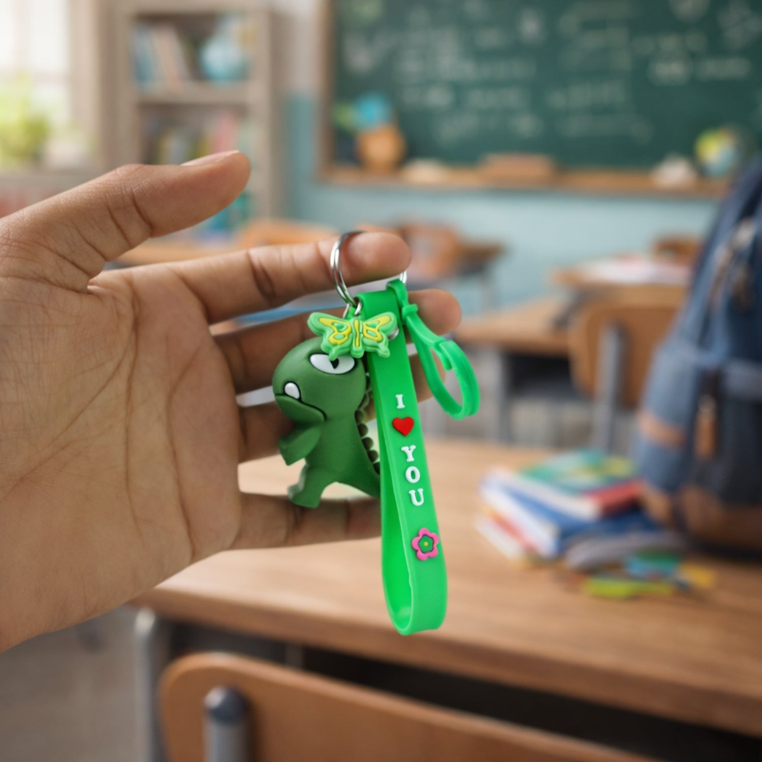 Detailed close-up of dinosaur charm on keychain