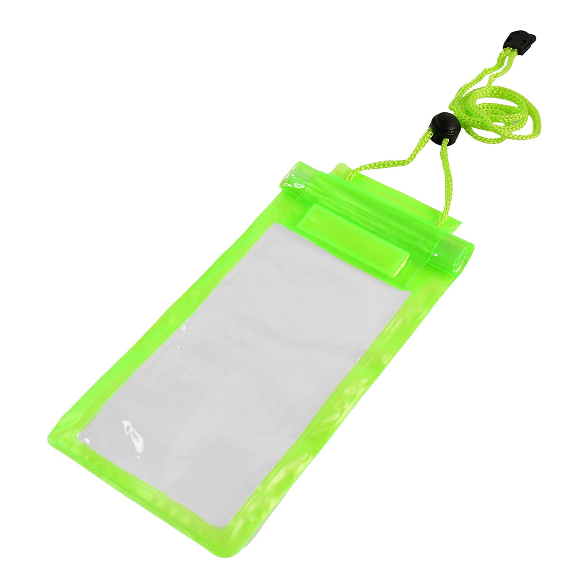 A neon green waterproof pouch with a clear front and a matching lanyard with black toggles is presented against a plain