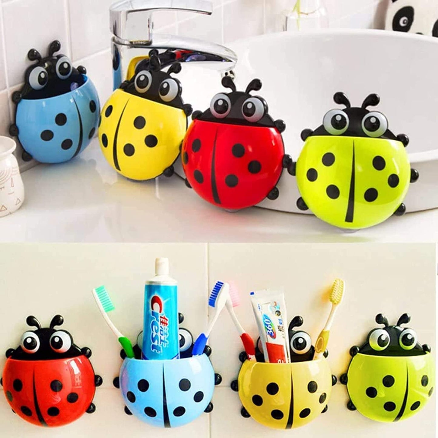 Ladybug Toothbrush Holder in active use, keeping bathroom essentials organized and accessible.