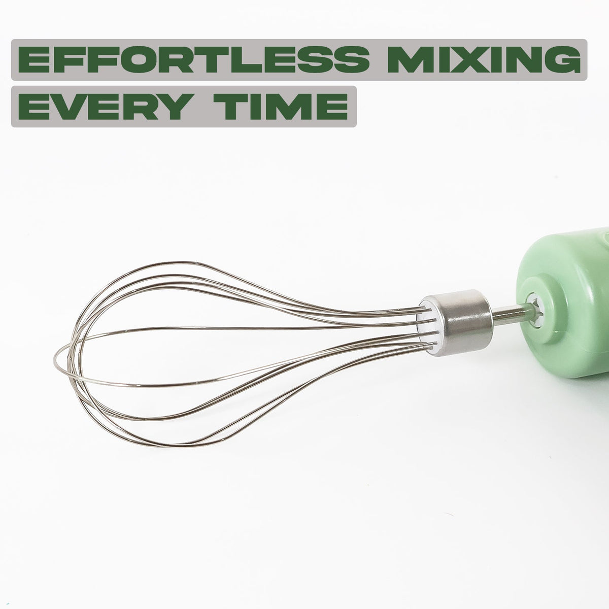 Close-up of the stainless steel whisk attachment on a light green mixer, with text 'EFFORTLESS MIXING EVERY TIME'.