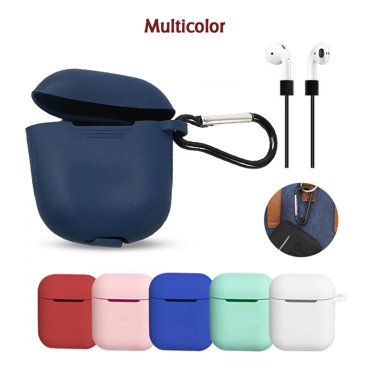 Five silicone earbud cases in red, pink, blue, mint, and white are displayed with a navy blue case.