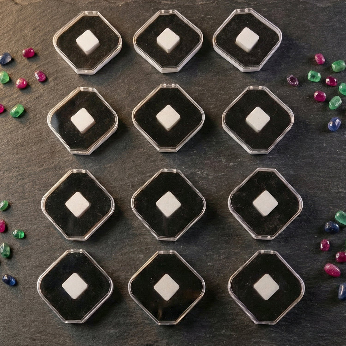 Twelve clear and black jewellery boxes with white cushions, surrounded by colorful gemstones on a dark surface.