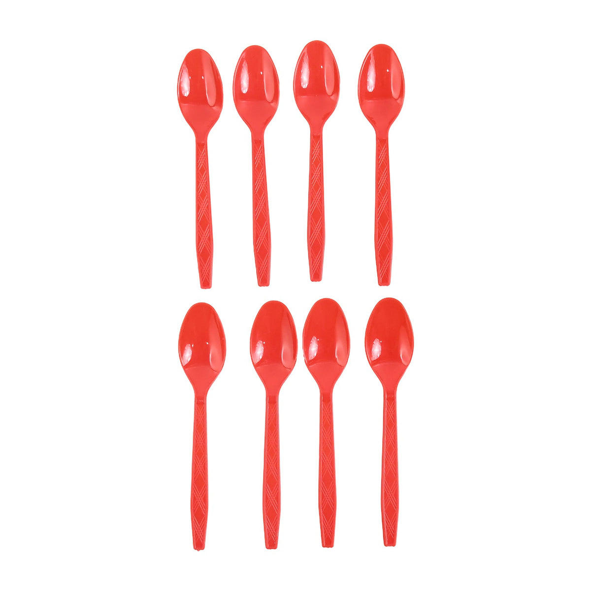 Eight red plastic spoons with textured handles displayed in two rows against a plain white background.