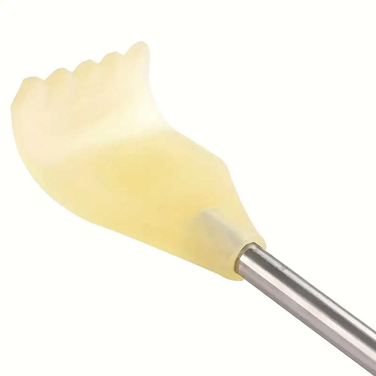 Close-up of the yellow hand-shaped head of the back scratcher attached to the silver telescoping handle.