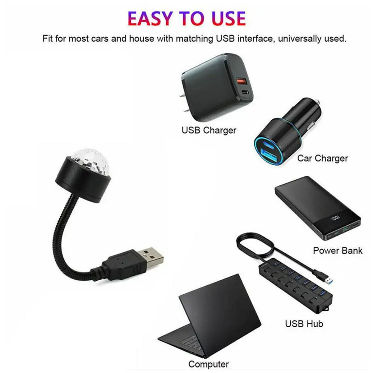 The black USB star projector is shown alongside various compatible devices like a USB charger, car charger, and power bank.