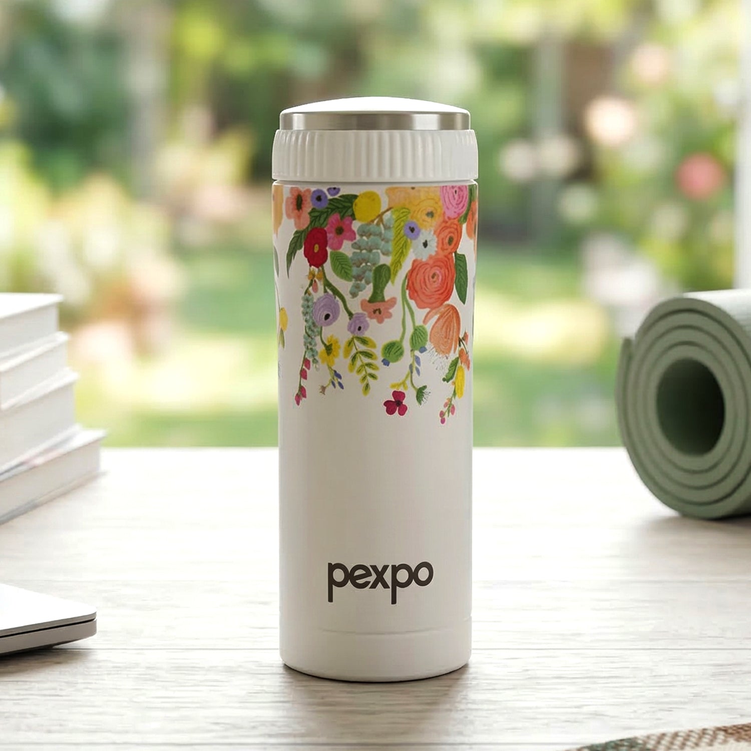 Close-up of printed pattern on water bottle emphasizing design details