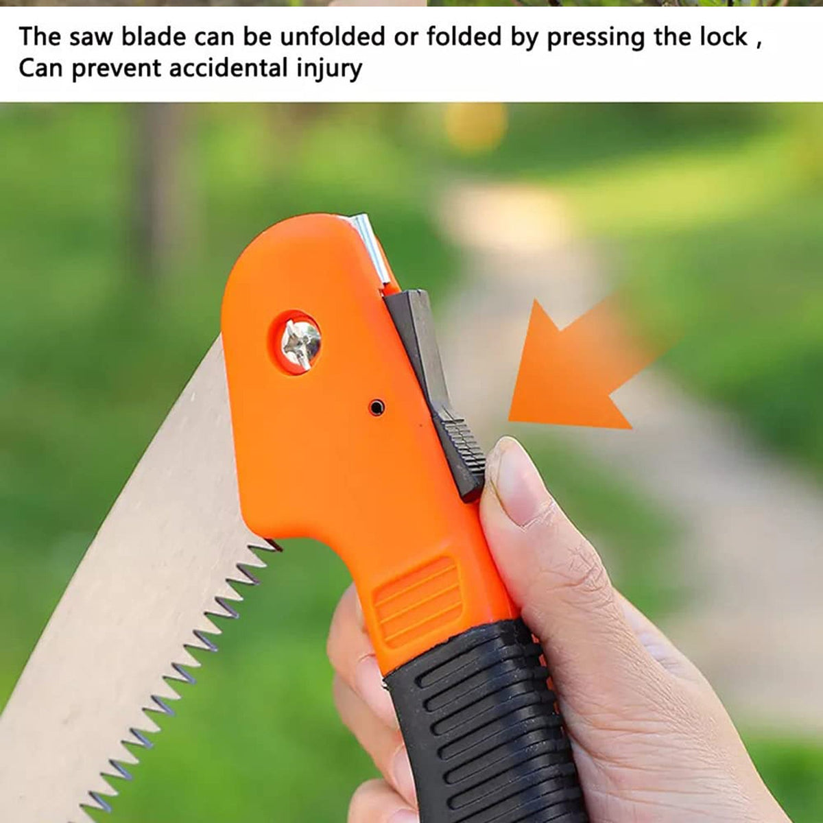 A hand presses the black lock on the orange handle of the folding saw, with text explaining the safety feature.