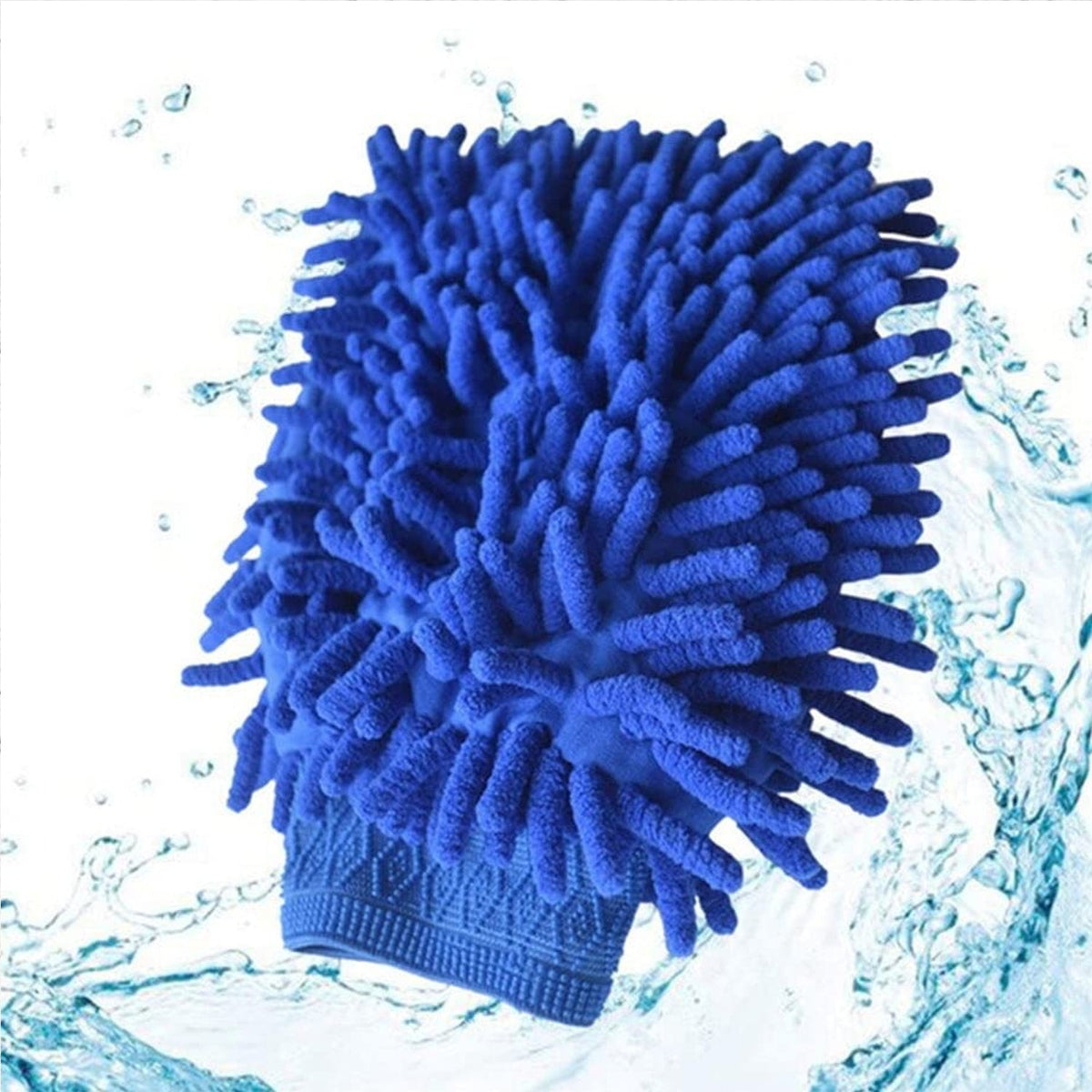 A blue microfiber wash mitt is shown with water splashing around it, indicating its use.