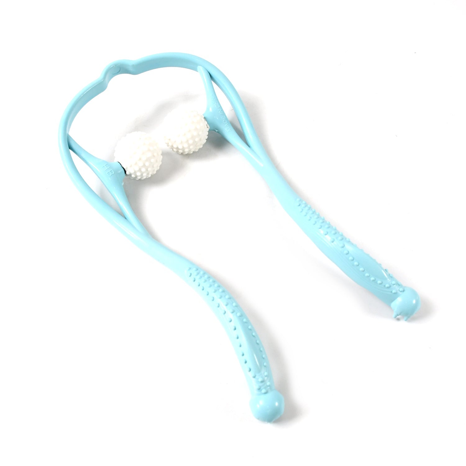 A blue U-shaped massager with two white textured balls on a plain white background.