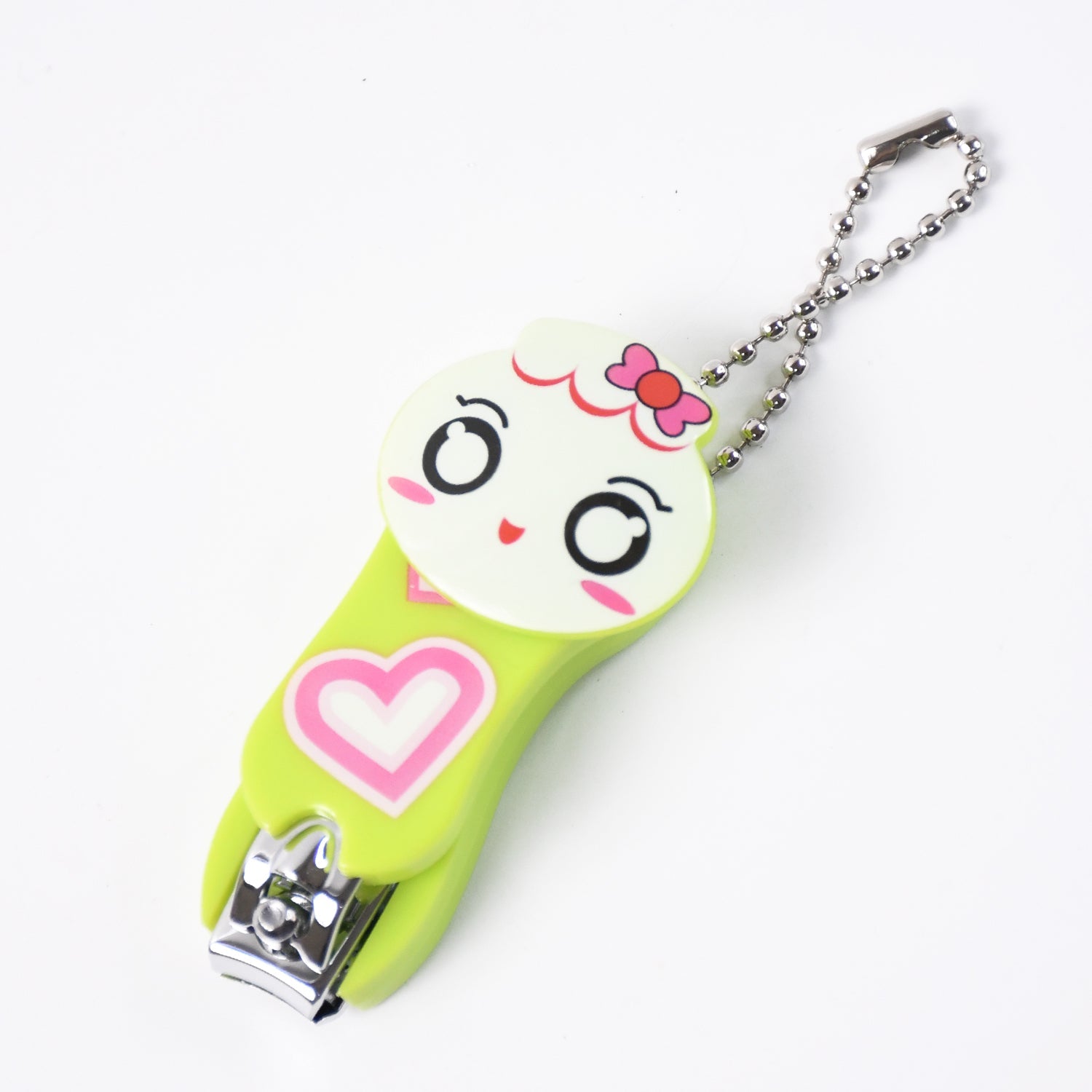 A green and white cartoon character nail clipper with a pink heart and a silver ball chain, on a plain white background.