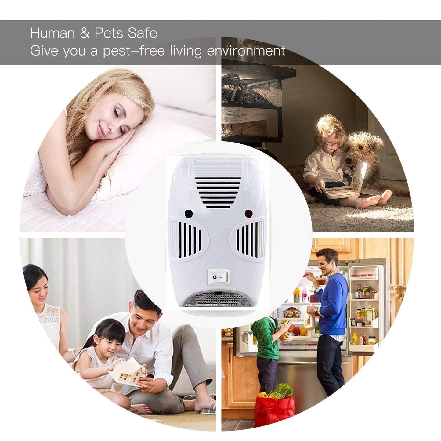 A white pest repeller is centered among four circular images of people and pets sleeping, playing, and eating, labeled