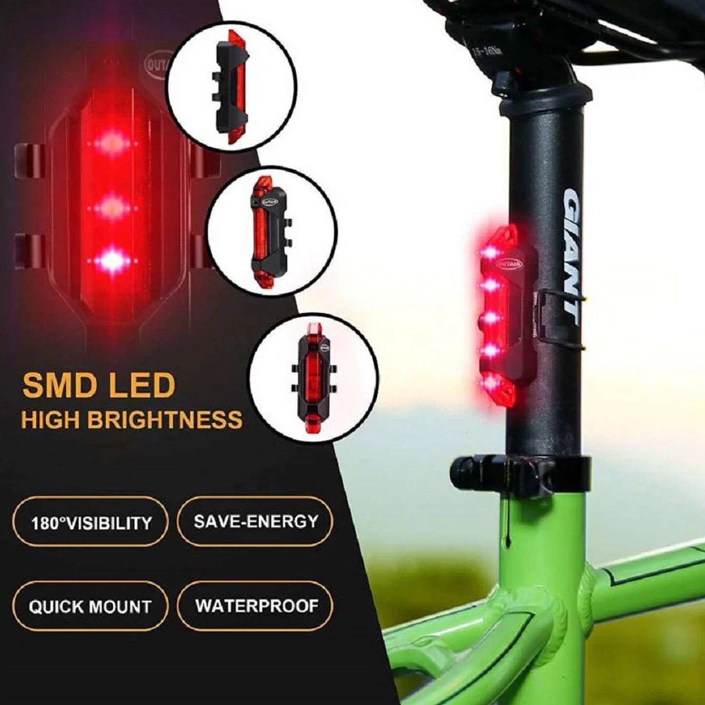 A bright red LED bicycle tail light attached to a green bicycle seat post, with text highlighting features like 180-degree
