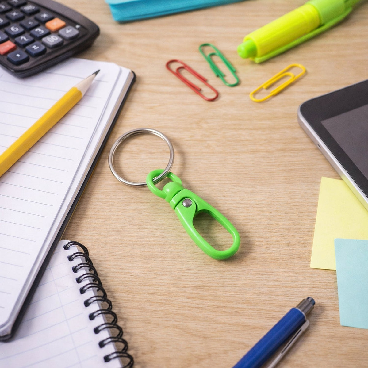 A green plastic carabiner keychain with a silver ring on a wooden desk surrounded by various office supplies.