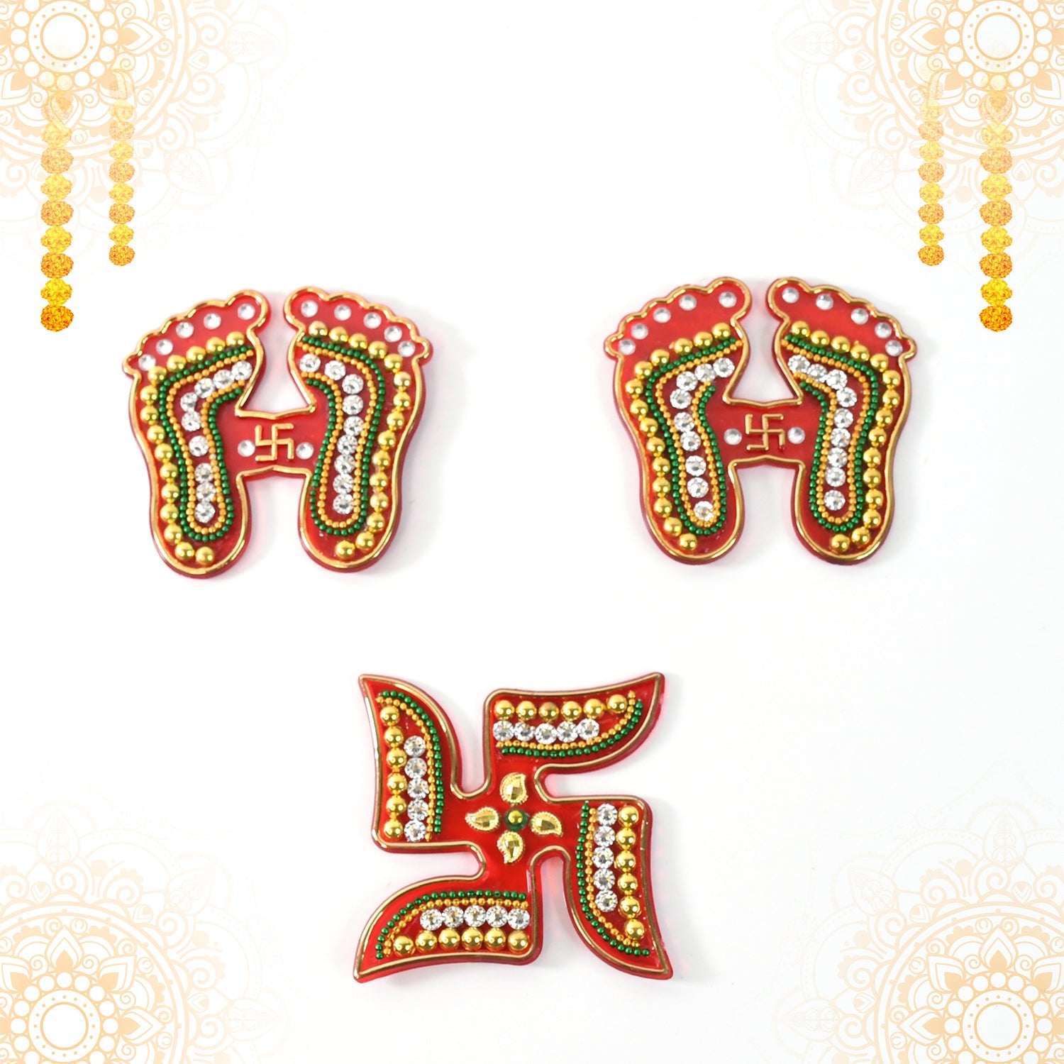 Assorted Laxmi Charan and Swastik decals in bright hues for Diwali décor